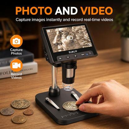 Elikliv Microscope, LCD Digital Coin Microscope 1000x, Coin Magnifier with 8 Adjustable LED Lights, PC View Compatible with Windows/MacBook, EDM4, 4.3-Inch