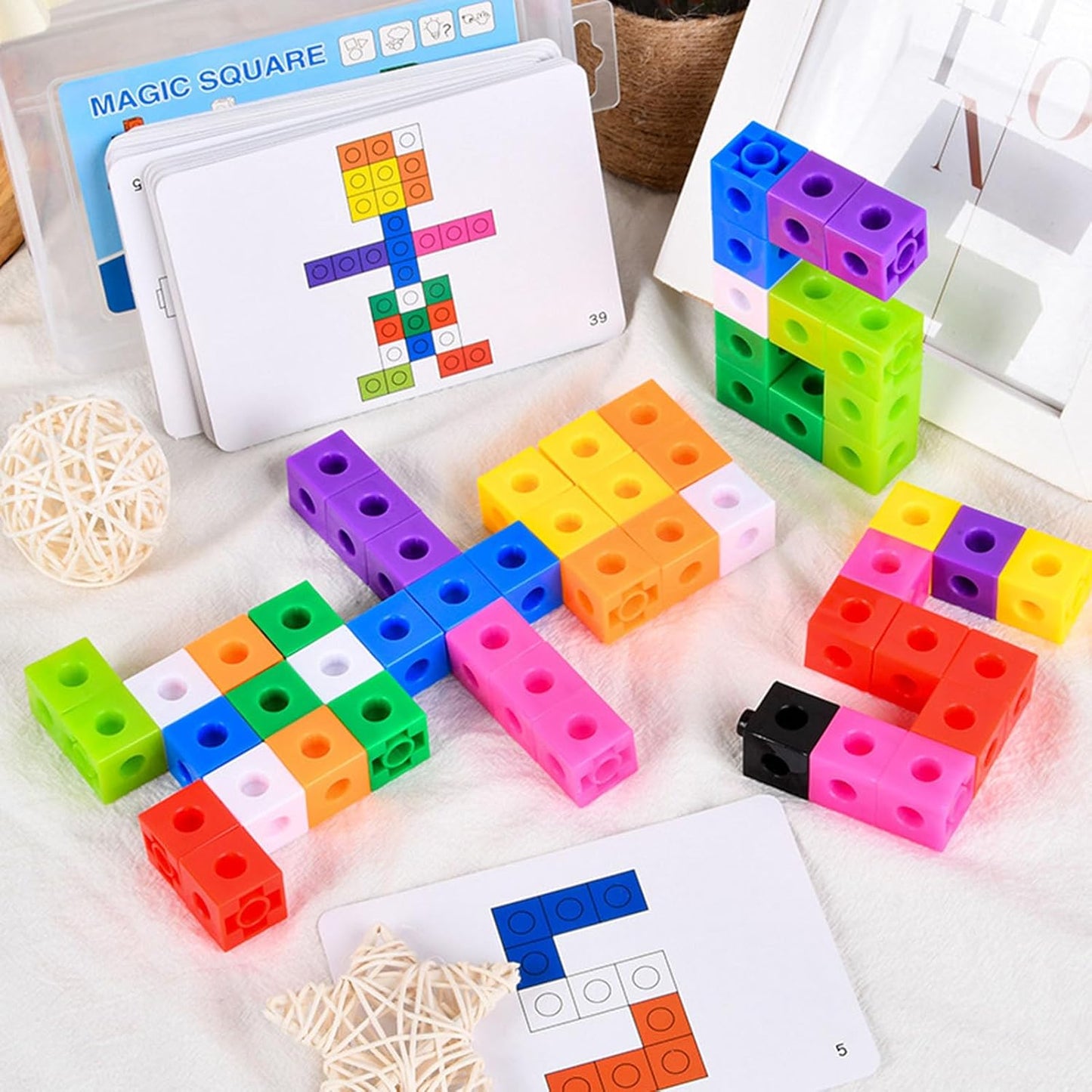 Montessori Math Linking Cubes Set, Plastic Magic Square Blocks with Pattern Cards