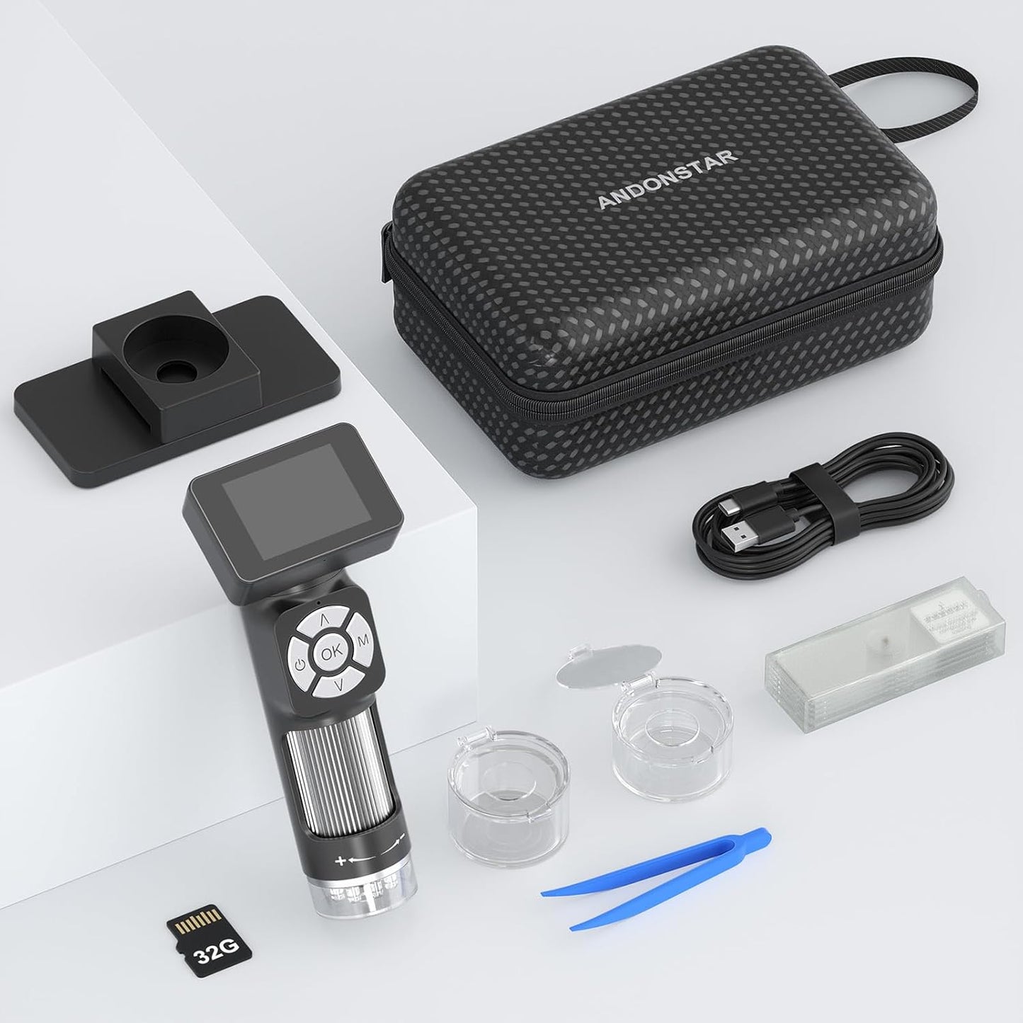 Andonstar AD112 Portable Pocket Microscope Kit for Kids and Adults with 2" LCD Screen, Mini Handheld Digital Microscope with 8 Adjustable LED Lights, Windows PC Compatible, 32GB SD Card Included