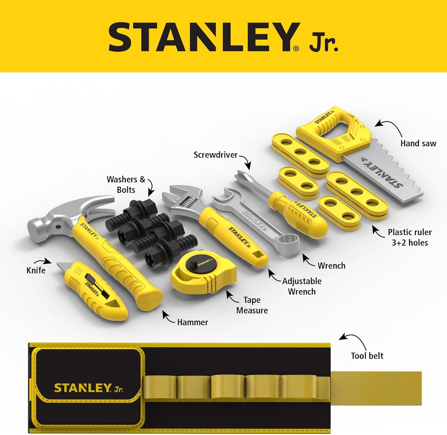 Stanley Jr. Kids Tool Set for Pretend Play - Hammer, Ruler & Builders Tools for Kids - Fun & Educational for Little Builders & Creative Playtime Adventures Age 3+ 25 Pcs.
