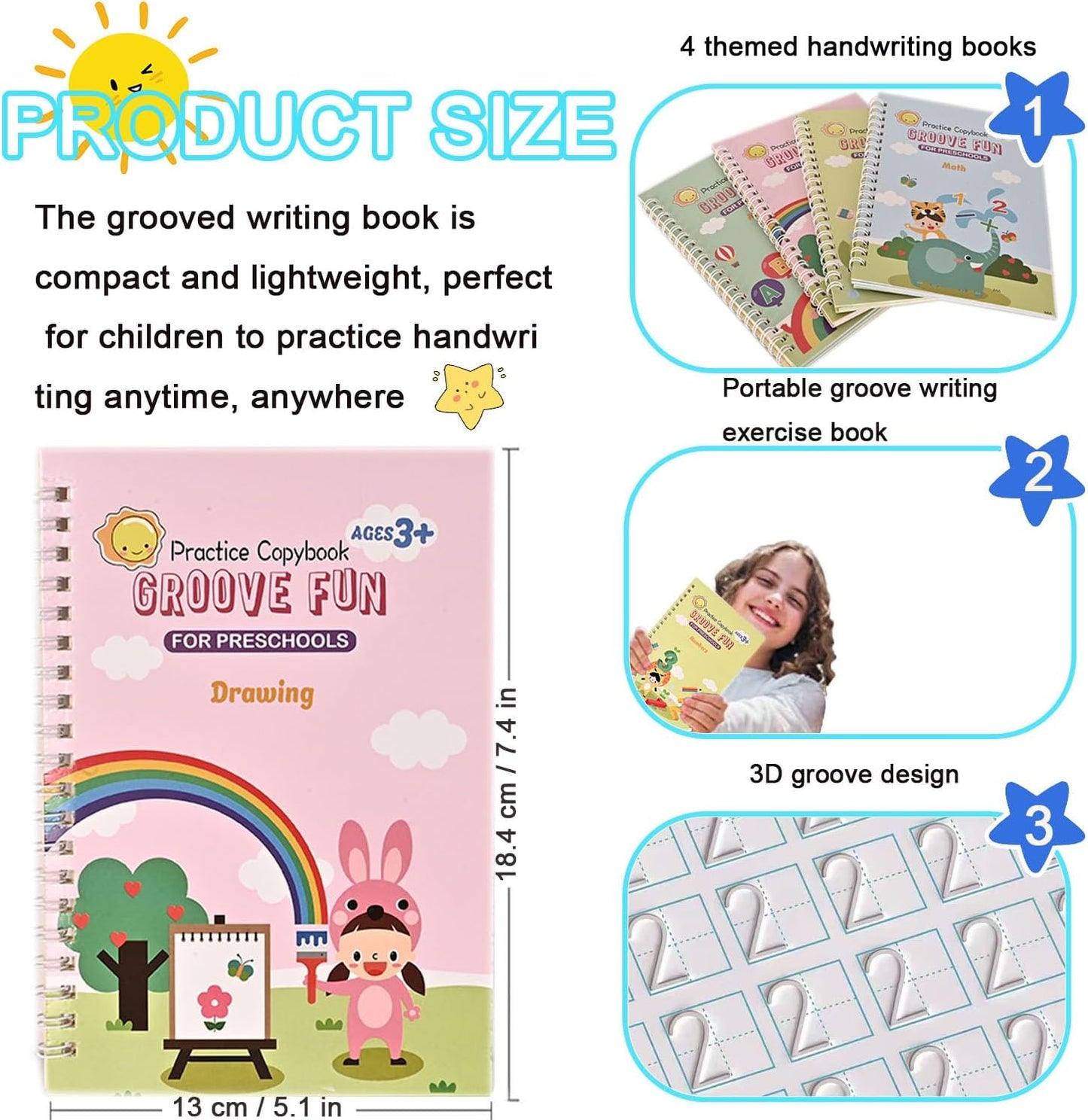 4 Pc Magic Grooved Practice Copybook,Reusable Letter Tracing Books,Handwriting Practice Book and Preschool Learning Activities, Writing Practice for Kids Ages 3-8 Calligraphy (4pc+Pens)（7.4in x 5.1in)