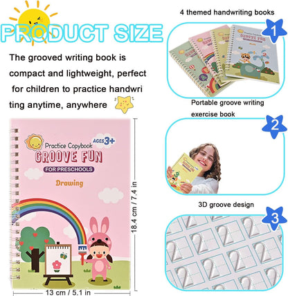 4 Pc Magic Grooved Practice Copybook,Reusable Letter Tracing Books,Handwriting Practice Book and Preschool Learning Activities, Writing Practice for Kids Ages 3-8 Calligraphy (4pc+Pens)（7.4in x 5.1in)