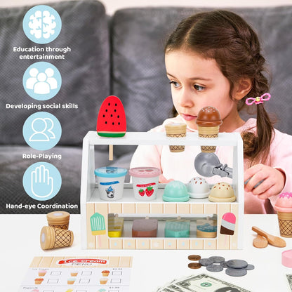 ZJEFUNS Wooden Ice Cream Toys for Kids Ice Cream Counter Shop for Toddlers Pretend Play Food Scoop and Serve with Scoop & Menu & Fake Money for Boys and Girls Ages 3 4 5 6 (Beige)