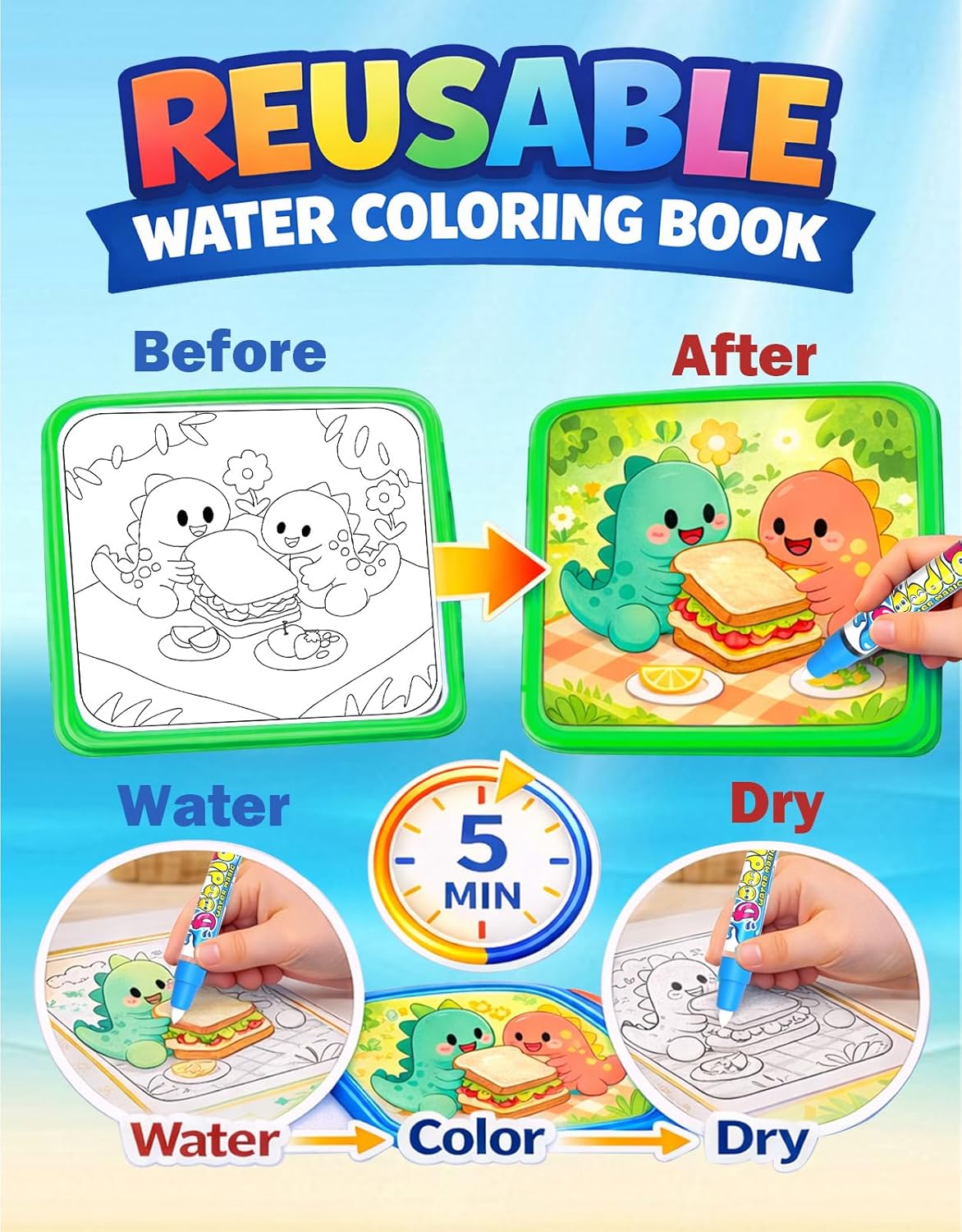 K'ONLE Reusable Water Coloring Books for Toddlers, Clean & Easy Painting & Doodle Book Toys for Kids Ages 1-3, 2-4 | Paint with Water Activity Book, Travel Gift for Boys & Girls-Space