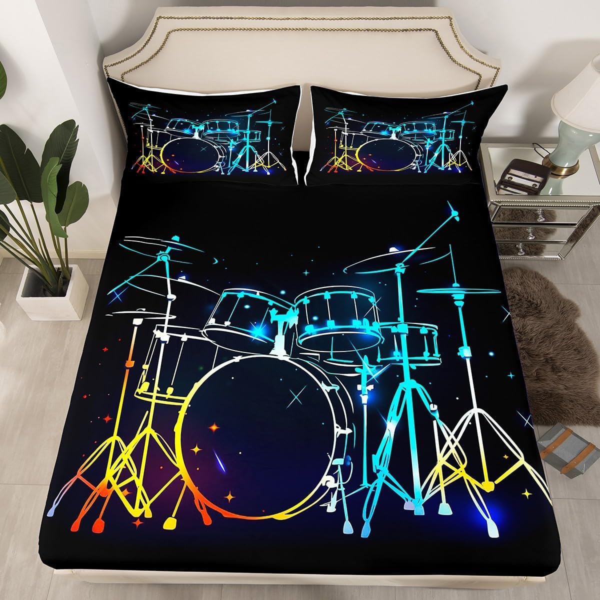 Drum Kit Fitted Sheet,Full Size Rock Music Collections Musical Instruments Theme,Soft Decorative Fabric Bedding Deep Pocket for Children Teens Young Boys Girls,with 2 Pillowcases