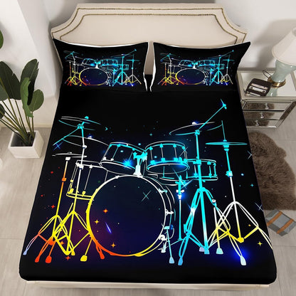 Drum Kit Fitted Sheet,Full Size Rock Music Collections Musical Instruments Theme,Soft Decorative Fabric Bedding Deep Pocket for Children Teens Young Boys Girls,with 2 Pillowcases
