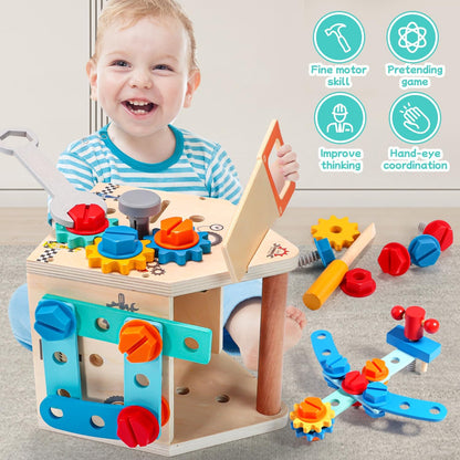 GAIETYDIY Toddler Tool Set - 33 PCS Wooden Kids Tools with Box/Bench/Tool House, Montessori Educational Pretend Play Preschool Toys Gifts for 3 Year Old Boy Girl Kids, STEM Fine Motor Skills Tool Set