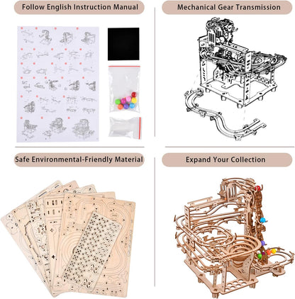 3D Wooden Puzzles Marble Run Chain Kit, Wood Creative Mechanical Puzzles Assembly Model Building Kits to Build for Adults & Kids, DIY Wooden Puzzle Hobbies Toys for Adults &Teens Gifts