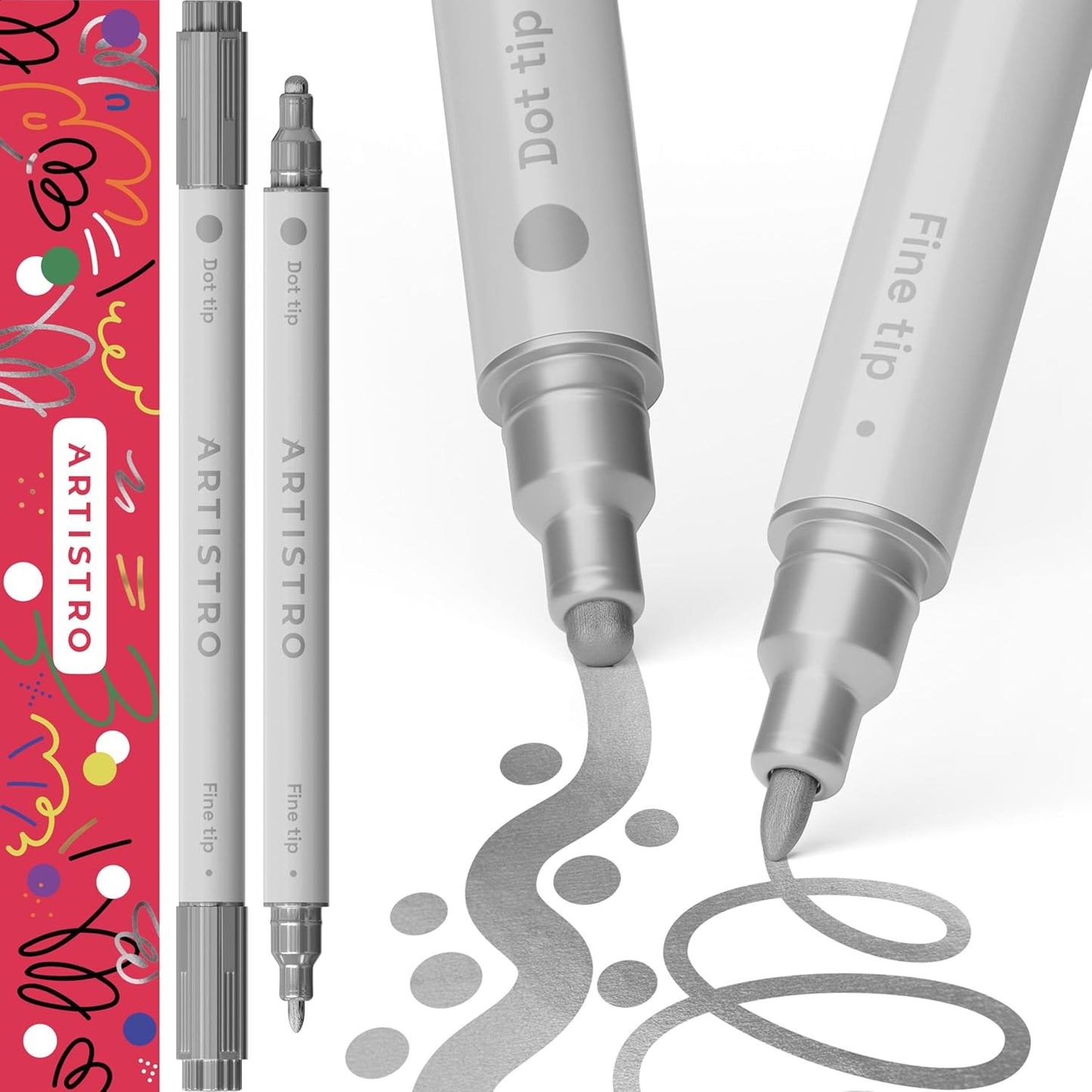ARTISTRO 2 Gold & Silver Dual-Tip Acrylic Paint Pens - Multisurface Markers for Glass, Rock, Fabric, Wood, Plastic & More - 5mm Dot + 1mm Fine Tips