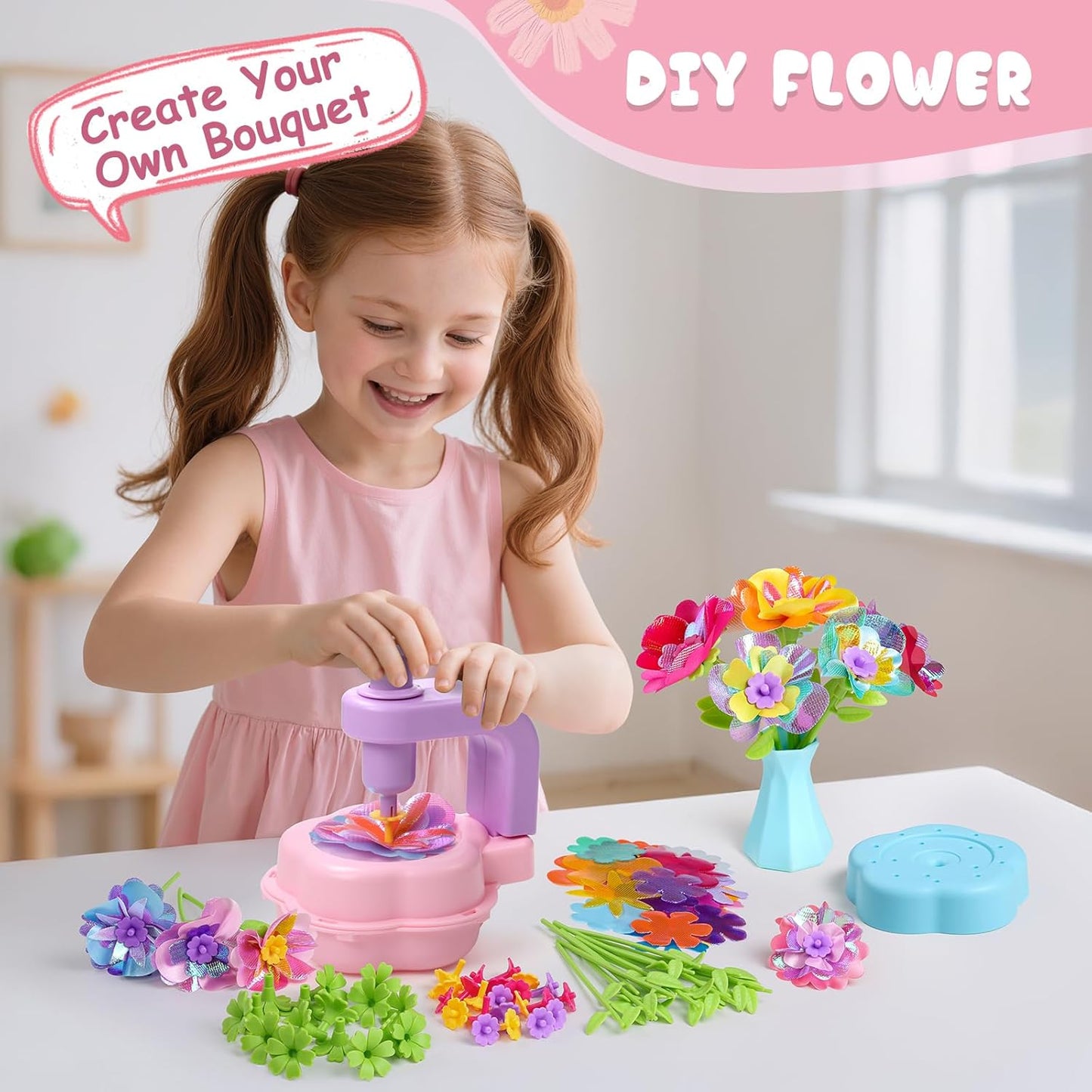 Scvcid DIY Art Flower Toys Include Extra Accessories Set, Arts and Crafts Activity Kit for Kids Ages 3-12, Fabric Bouquet Craft for Toddler, Birthday Gifts for 3 4 5 6 7 8 9 10 11 12 Year Old Girls