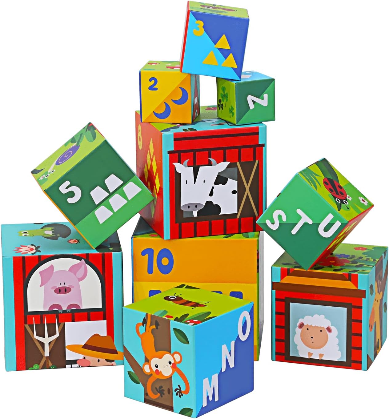 10 Pcs Nesting and Stacking Blocks for Toddlers 1-3 - Cardboard Stacking Cubes with ABC & Numbers - Montessori Educational Learning Toy - Sturdy Toddler Tower Building Set for Kids