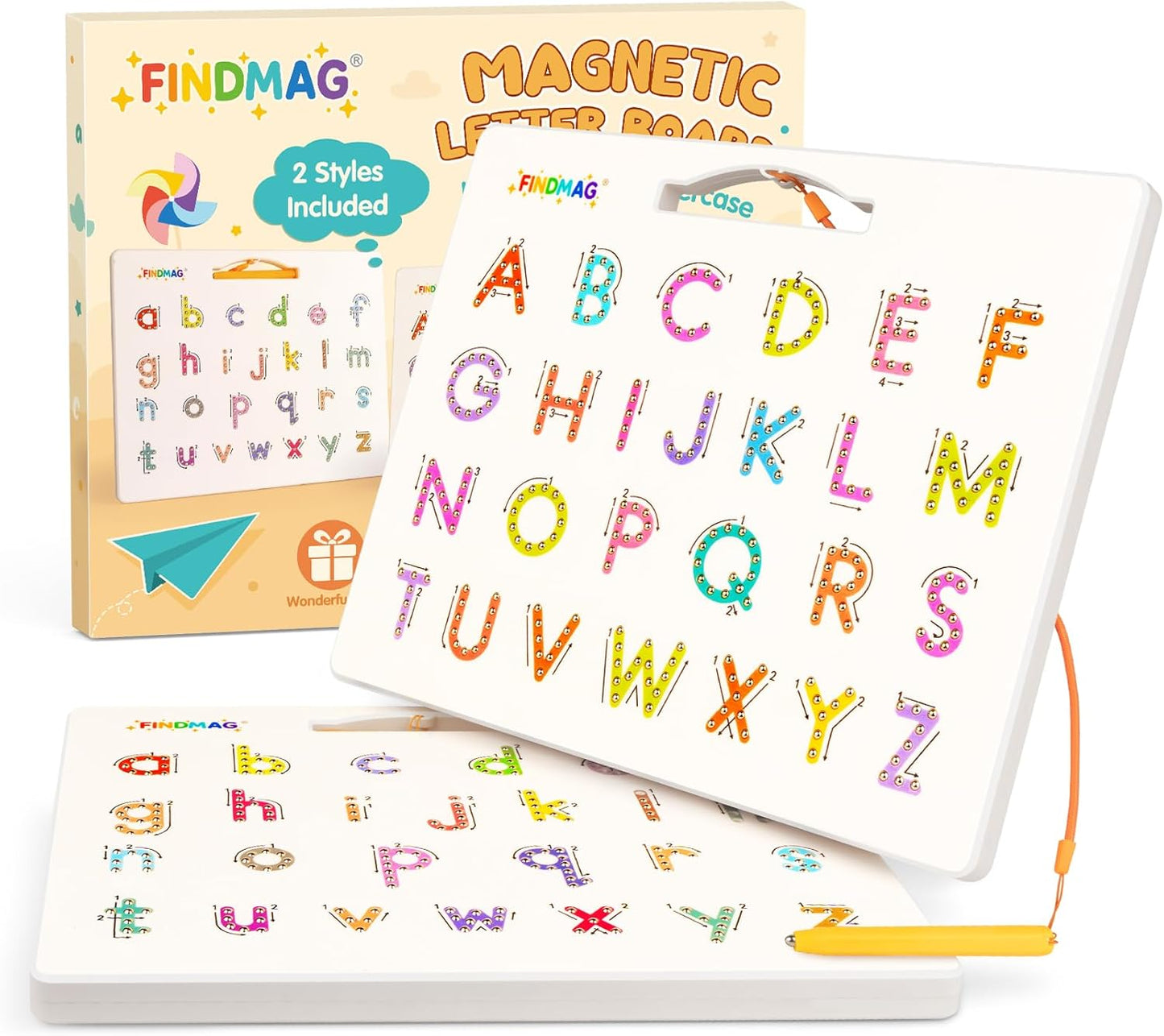 FINDMAG Magnetic Letter Board, Dual Sided ABC Education Board Writing Practice for Toddler, Erasable Educational Tool for Kids, Reusable Learning Toys, Back to School Supplies Road Trip Essentials