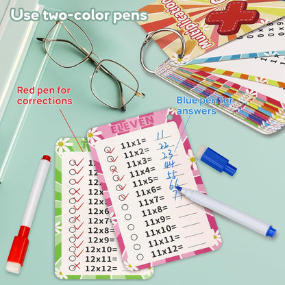 15 Pcs Boho Multiplication Flashcards 0-12, Multiplication Chart Math Flashcards, Times Table Flash Cards, Math Game with 2 Dry Erase Markers and 2 Rings for 1st to 3rd Grades