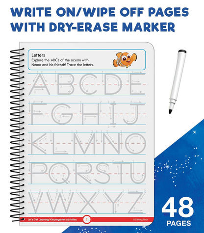 Disney Learning Let's Get learning! Kindergarten Activity Book, Wipe Clean Workbook With Math, Letters, Handwriting, Addition & Subtraction Activities, Reusable Sticker Book for Kindergarteners
