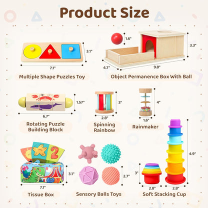 Montessori Toys for Babies 6-12 Months,1 Year Old,8 in 1 Learning Educational Set Wooden Sensory Toys for Baby Toys 12-18 Months (Includes Tissue Box Toy,Rainmaker and More)