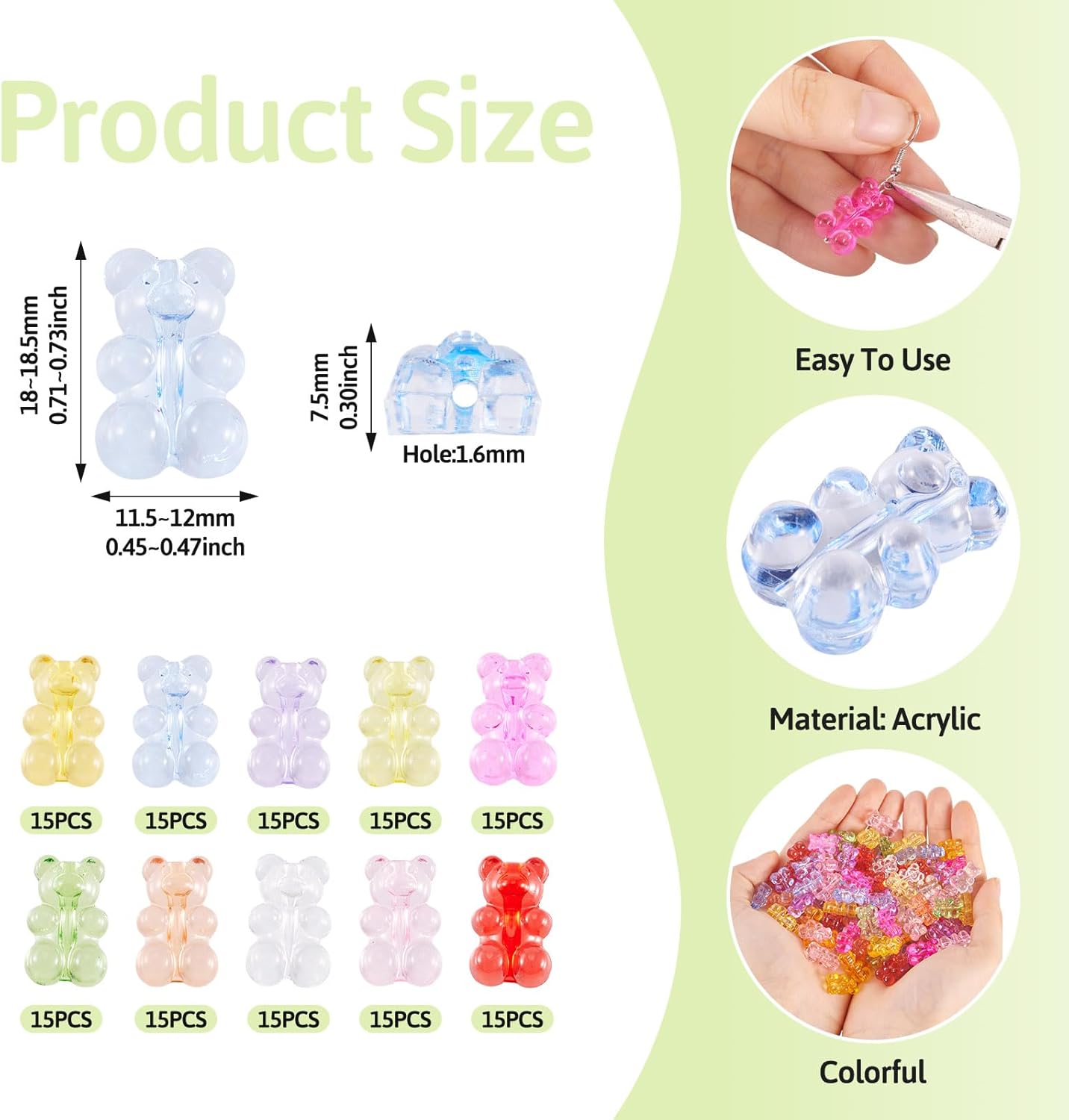 Kissitty 100Pcs Clear Acrylic Bear Beads Cute Bears Loose Beads Bulk Transparent Gummy Bear Spacer Bead Counting Bears for Bracelet Adults Necklace Earring Crafts Bag Key Chain DIY Jewelry Making