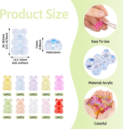 Kissitty 100Pcs Clear Acrylic Bear Beads Cute Bears Loose Beads Bulk Transparent Gummy Bear Spacer Bead Counting Bears for Bracelet Adults Necklace Earring Crafts Bag Key Chain DIY Jewelry Making