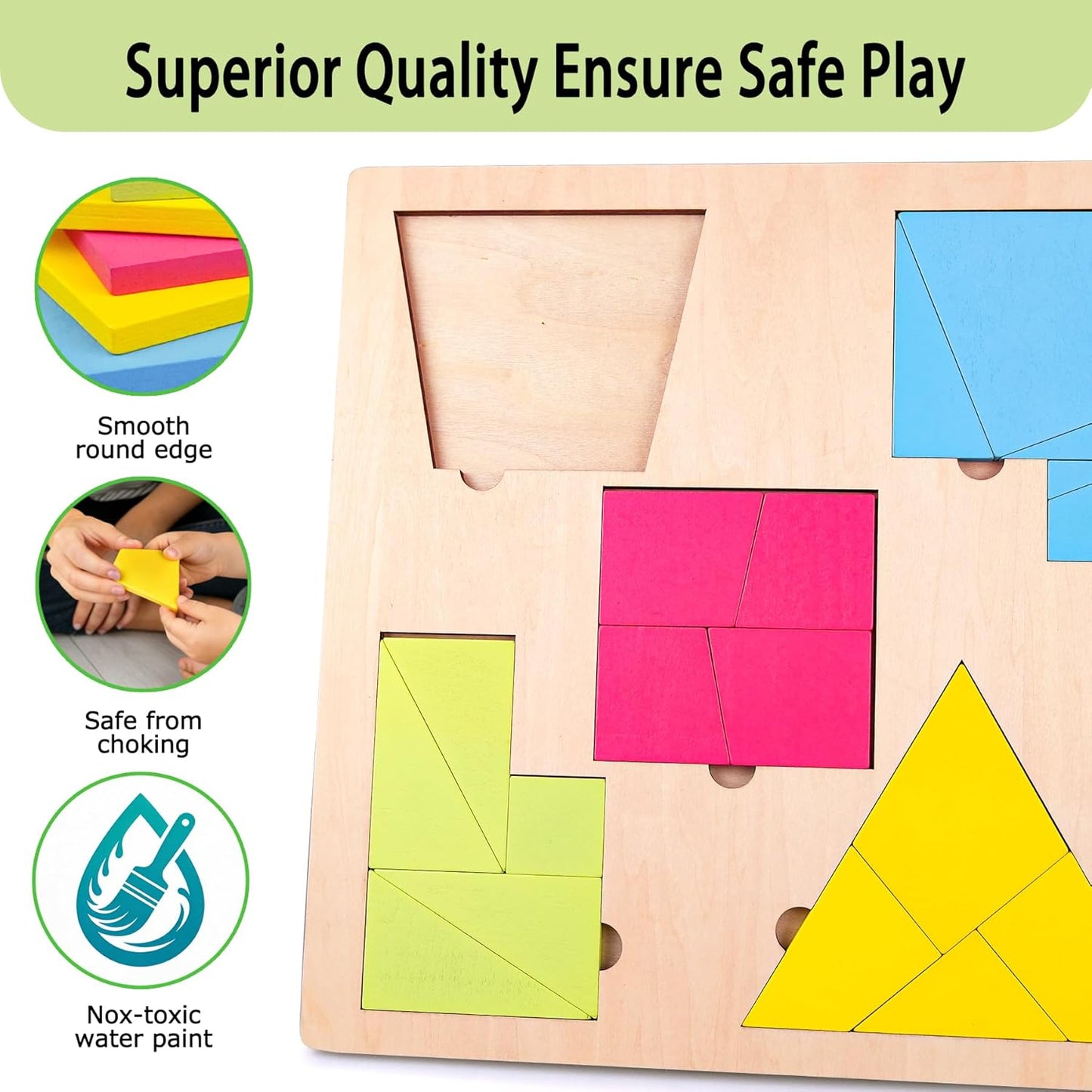 KINGOU 4 in 1 Wooden Tangram Puzzles for Kids Ages 3-8, 8 Play Modes Large Pattern Blocks Logic IQ Game, Montessori STEM Jigsaw Toy for Home & Classroom