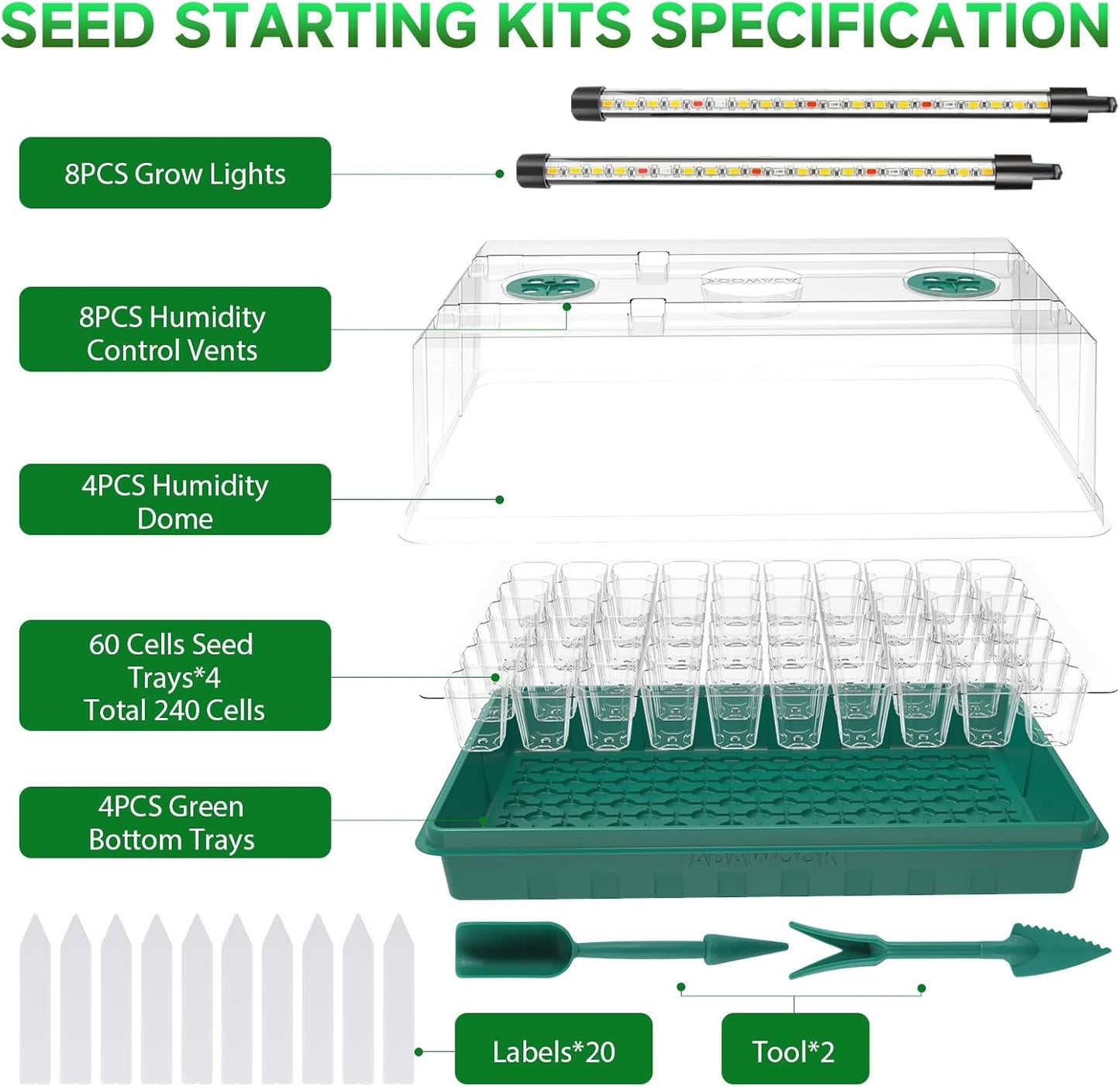 Adawook Seed Starter Trays with Grow Lights, Color Change Grow Lights for Seed Starting Kit, 3 Timming Set, Indoor Plant Growing Kit for Gardeners, Germination Trays Kits, Gardening Gifts (60 Cells)