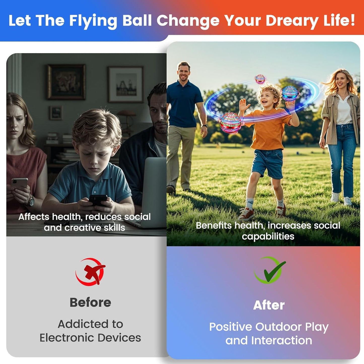 Flying Orb Ball Toy, 2026 Upgrade Hand Controlled Hover Ball with LED Lights,360° Rotating Boomerang Globe Cool Mini Drone, Ideal Birthday&Christmas Gift for Boys Girls-Blue & Purple