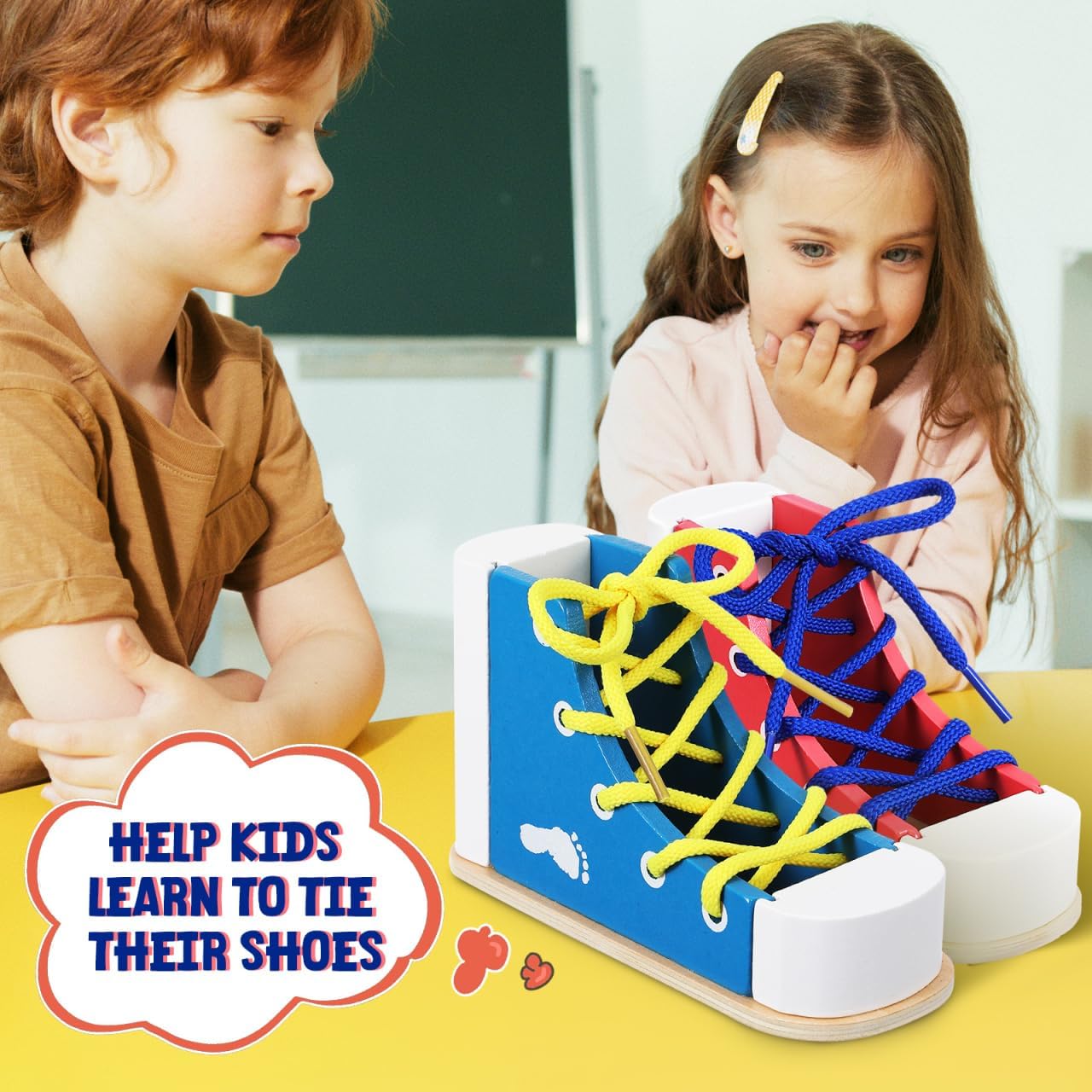 STOBOK 2pcs Learn to Tie Shoes for Kids with Wooden Lacing Sneaker Toy Tie-Up Shoe Practice Kit Threading Montessori Educational Toys (Blue + Pink)