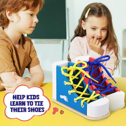 STOBOK 2pcs Learn to Tie Shoes for Kids with Wooden Lacing Sneaker Toy Tie-Up Shoe Practice Kit Threading Montessori Educational Toys (Blue + Pink)