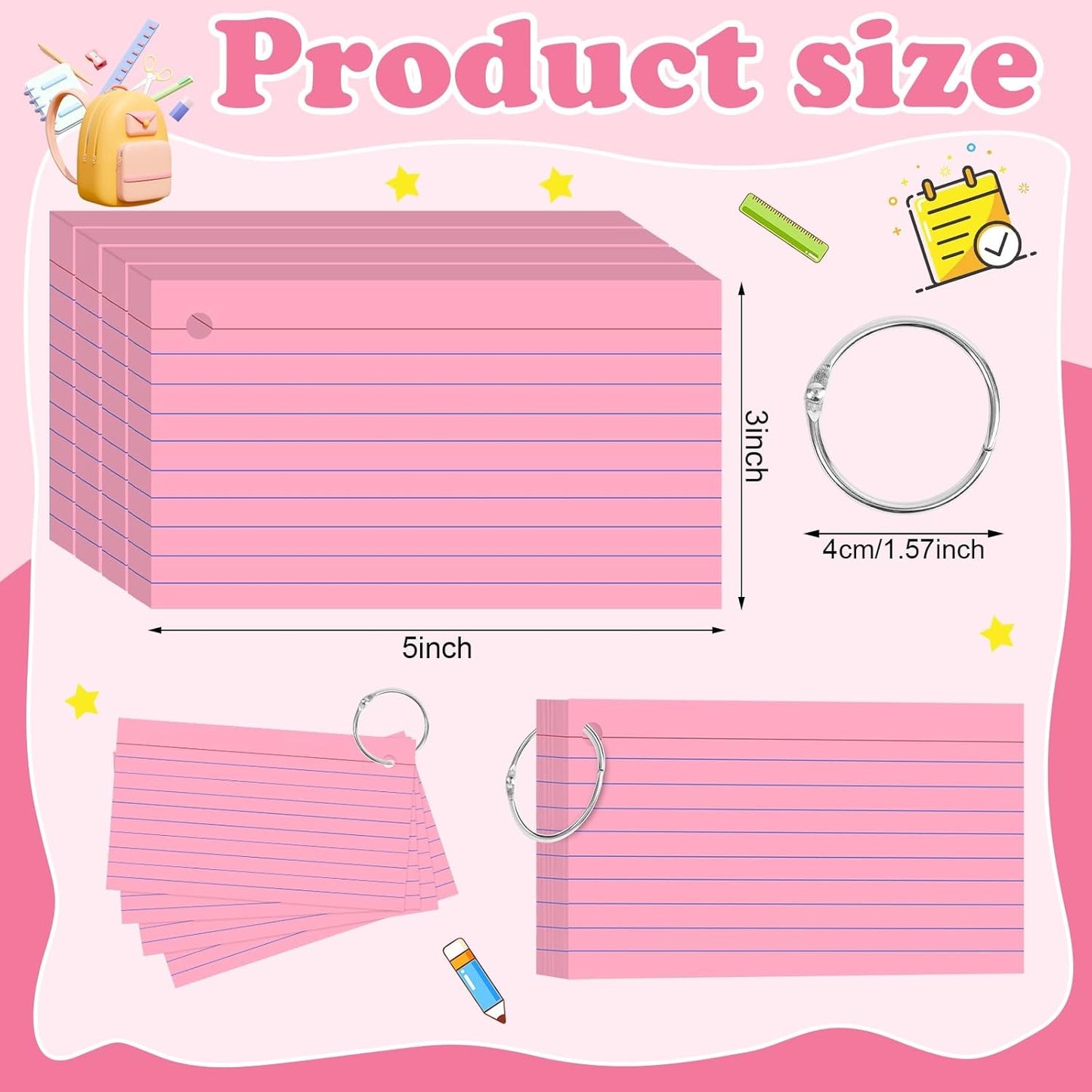 Colored Index Cards 3x5 Inch Heavyweight Flash Cards with Ring Lined Flashcards Note Cards for Studying School Supplies College, 200 Count