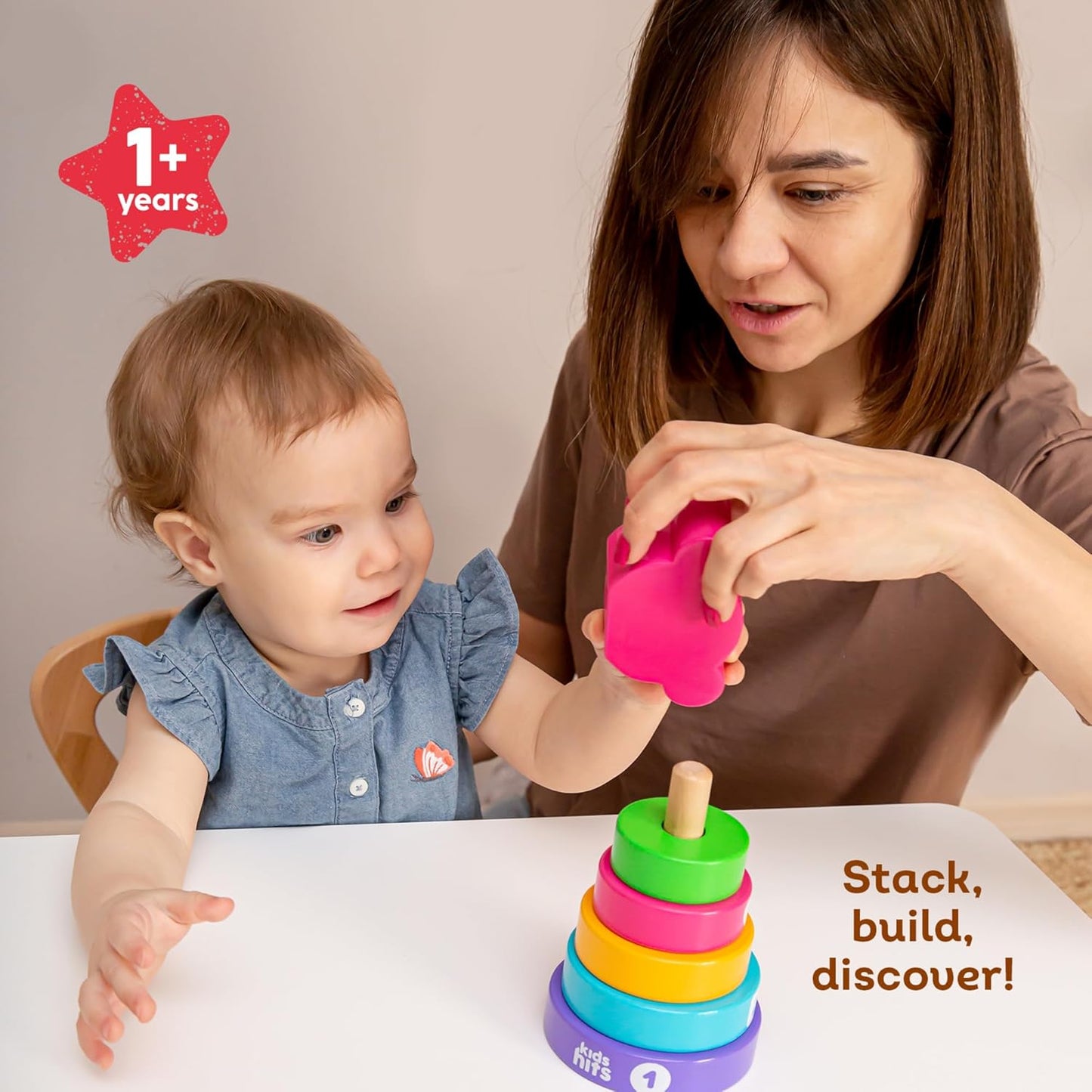 Kids Hits Stack and Play Monkey – Wooden Stacking Ring Toy with Numbers, Shapes & Colors – Montessori Learning Toy for Toddlers Ages 1+
