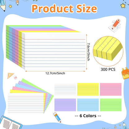 Index Cards 3x5 Inches, 300 PCS, Colored Flash Cards With Ring, Punched Lined Study Card Ruled Flashcards Notecards, Ruled Front And Blank Back, Note Card for School, College And Home