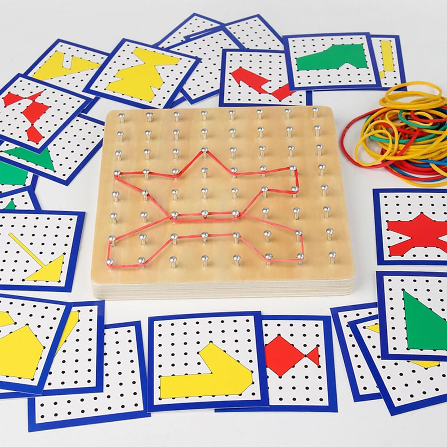 Fun Educational Toy with Wooden Geoboard and Elastic Rubber Bands for Fine Motor Skills Logical Thinking Development Educational Rubber Band Board