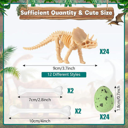 Sratte 52 Pcs Dinosaur Fossil Skeleton Kit for Kids with 24 Assorted Dino Bones & 24 Mini Dinosaur Eggs & 4 Bones, Dino Sand Dig Toys for Science Play Sandbox Birthday Halloween Party(Light Brown)