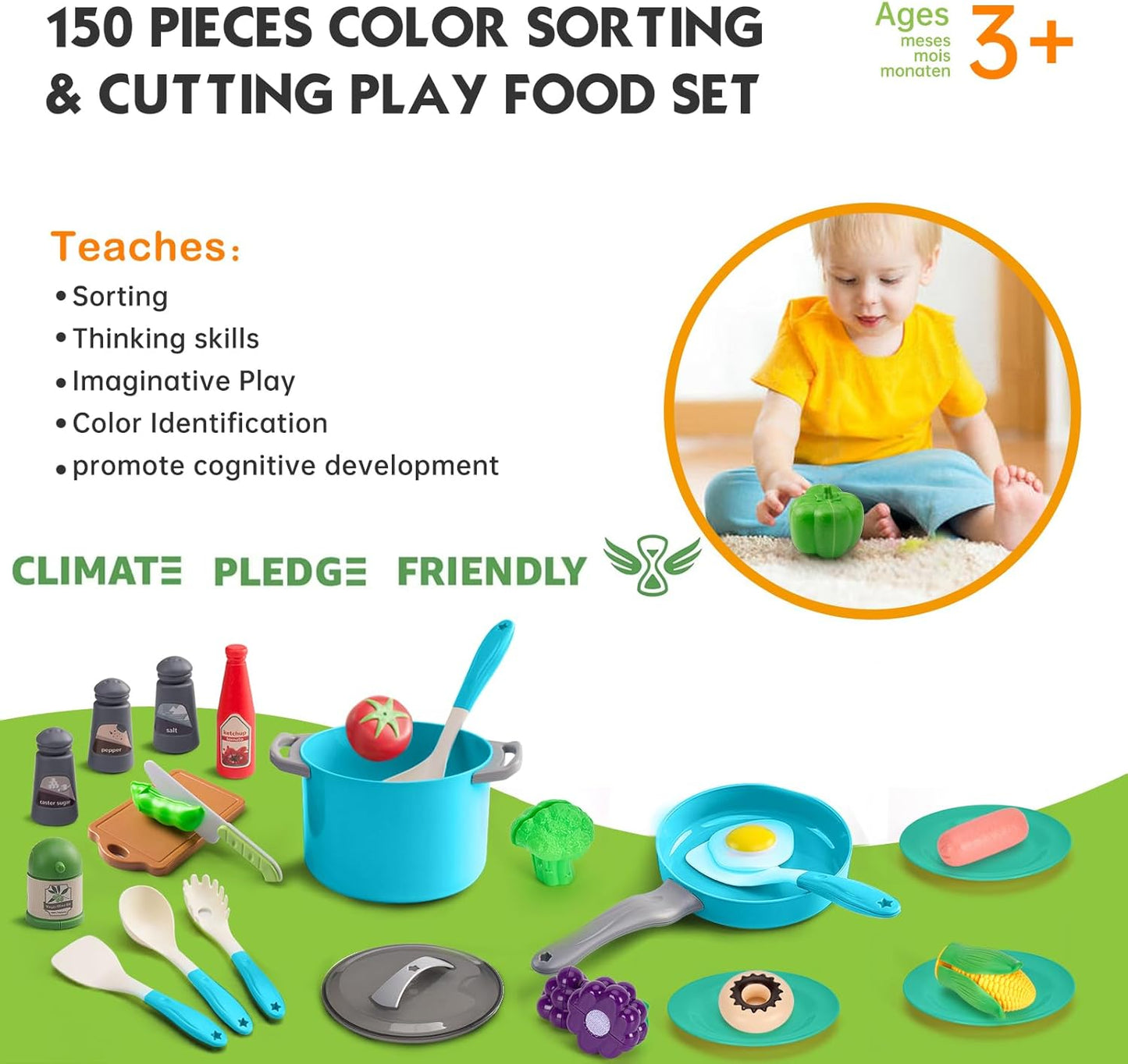 150Pcs Kitchen Playset, Toddlers Pretend Cooking Cookware Accessories, Food, Picnic Blanket, Fruits, Veges, 2Pack Shopping Storage Basket, Dessert and Prop Money, Gift for Kids (Pink)