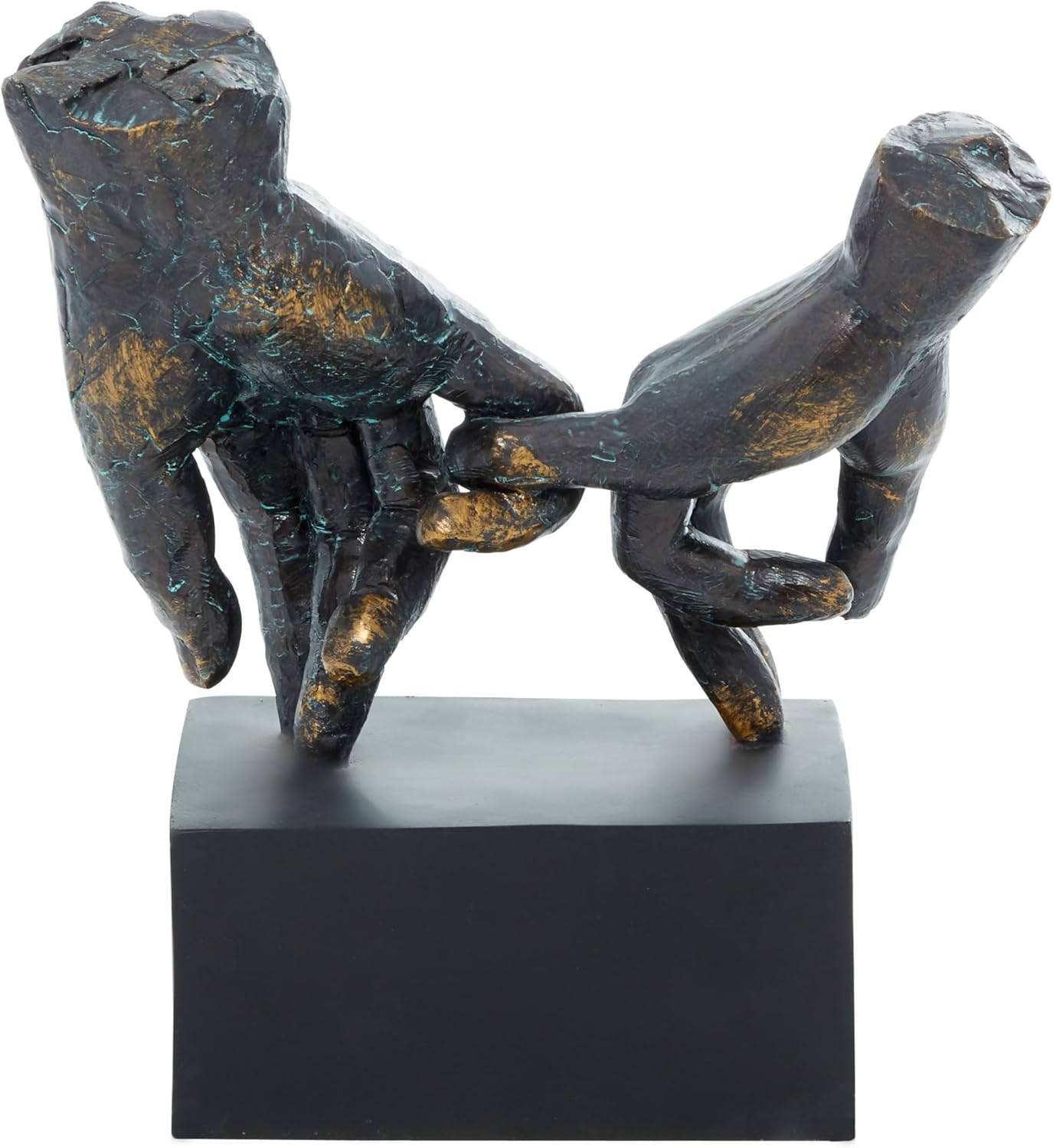Deco 79 Polystone Hands Decorative Sculpture Weathered Patina Linked Home Decor Statue with Block Base and Gold Accents, Accent Figurine 9" x 4" x 10", Black