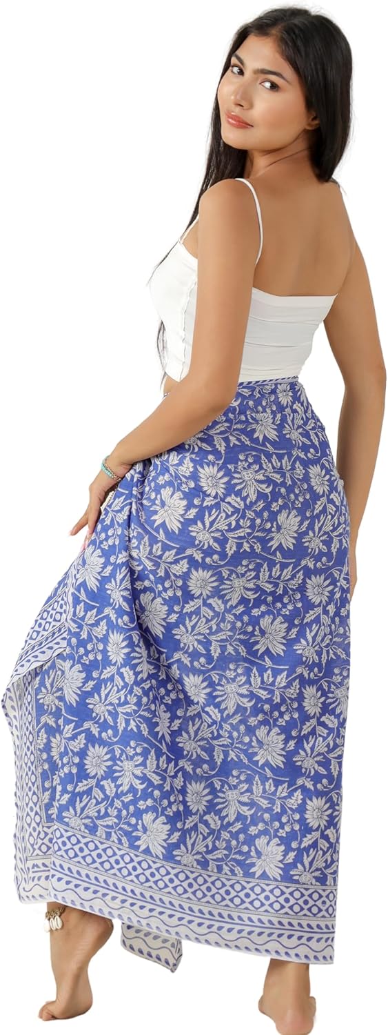100% Cotton Sarong Cover Up for Women Indian Block Print Beach Wrap Skirt Long Boho Swimsuit Bikini Pareo (73” x 43”)