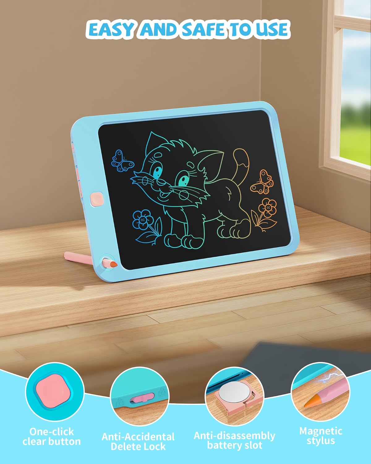 LCD Writing Tablet 10 Inch, Toys for 3 4 5 6 7 8 9 10 Year Old Boys Girls, Colorful Doodle Board Drawing Tablet, Gift for Boys Toddlers Age 3-12 Years, Memo Board, Drawing Pads with Lanyard(Blue)