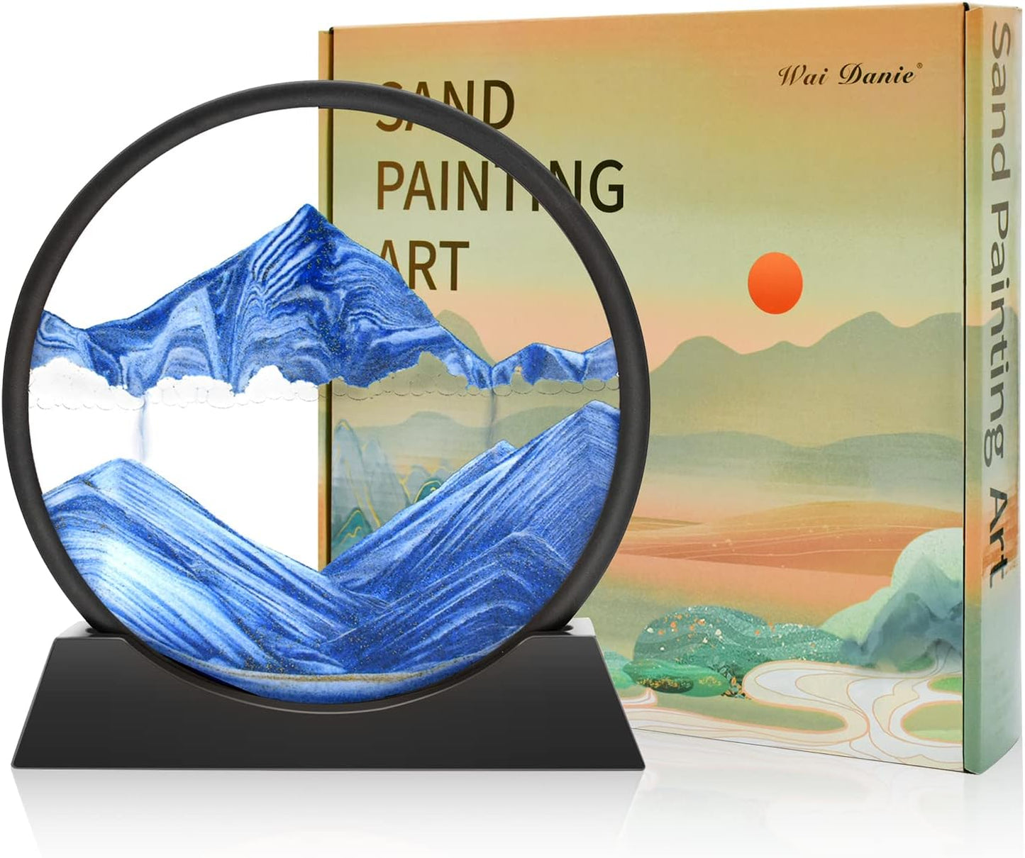 Wai Danie Moving Sand Art Picture 3D Hourglass Deep Sea Sandscape Liquid Motion Display Painting Flowing Sand Frame Relaxing Desktop Home Office Work Decor (Black, 12 Inches)
