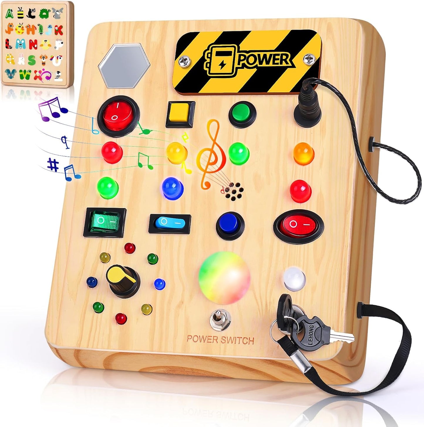 TINTECUSA Busy Board Montessori Toys for Toddler, Wooden Sensory Board Switch Toy with Shape Sorter LED Light Up Toys Educational Plane Travel Activity for Girls & Boys
