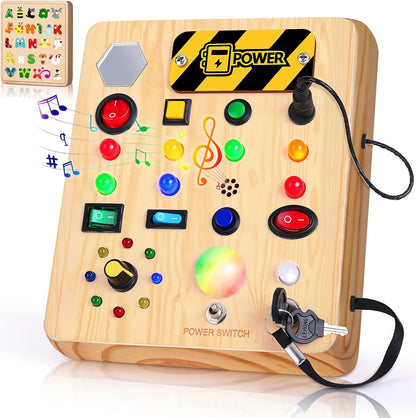 TINTECUSA Busy Board Montessori Toys for Toddler, Wooden Sensory Board Switch Toy with Shape Sorter LED Light Up Toys Educational Plane Travel Activity for Girls & Boys
