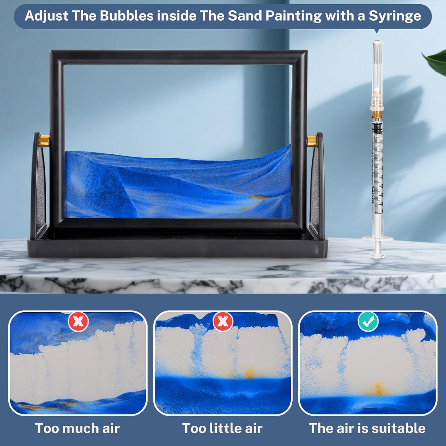 BOLGRLONG Moving Sand Art Liquid Motion 3D Dynamic Mountains Sandscape Painting, Square Glass Sands Painting with Easy-Flip Stand, Sensory Relaxing Decor for Home and Office (9") (Black)