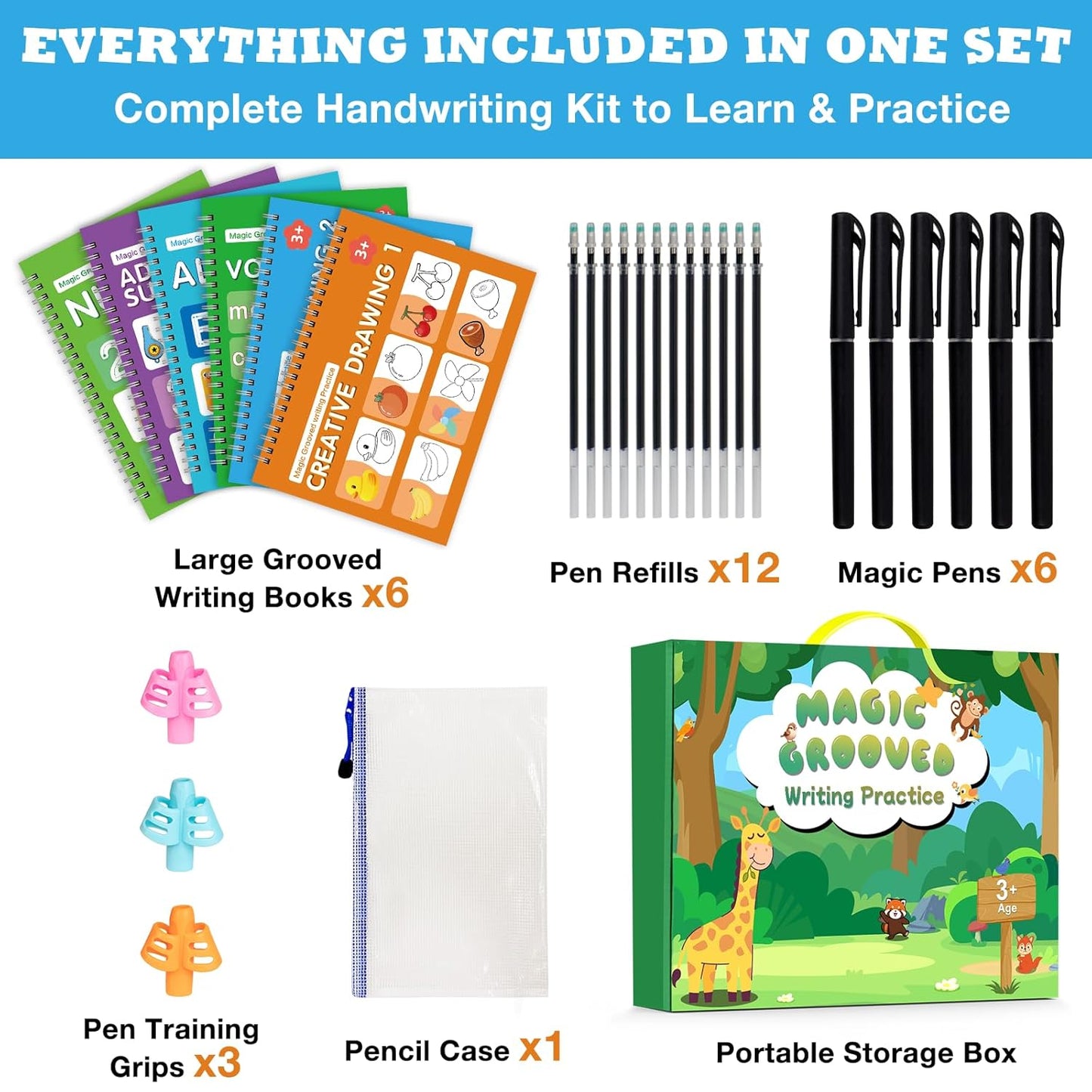 Magic Grooved Writing Practice Book for Kids Ages 3–8, 6 Reusable Handwriting Practice Books with 6 Pens, 12 Refills, 3 Soft Grips, Preschool Learning Activities Gifts for Boys and Girls