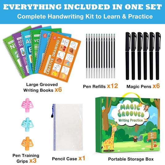 Magic Grooved Writing Practice Book for Kids Ages 3–8, 6 Reusable Handwriting Practice Books with 6 Pens, 12 Refills, 3 Soft Grips, Preschool Learning Activities Gifts for Boys and Girls