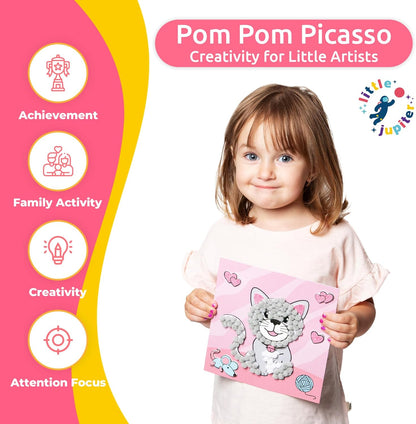 Little Jupiter DIY Pom Pom Art - Makes 3 Pieces -Boy & Girl Crafts for Kids Age 3-5 - Toddler Crafts - Pom Pom Art Projects for Kids 3-5 - (Set 2-Unicorn, Rainbow, Cat)