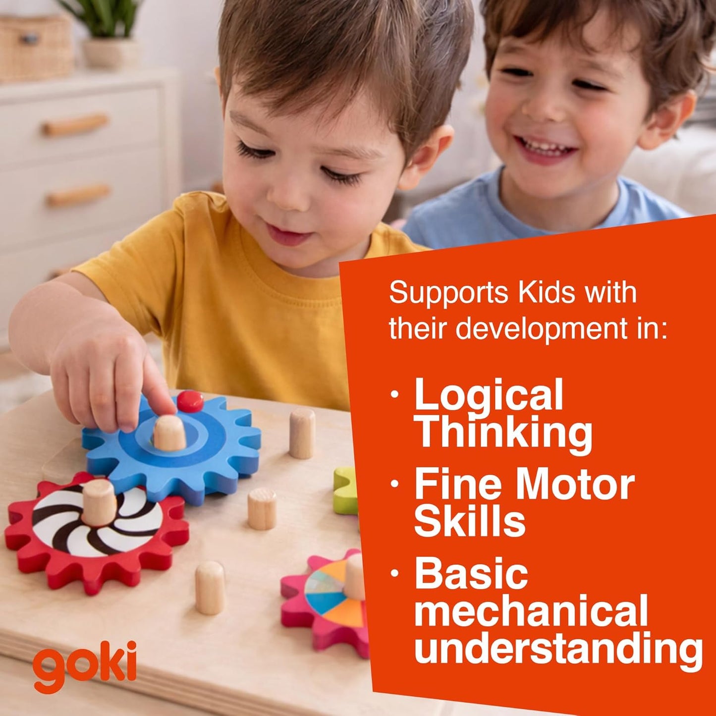 Goki Wooden Spinning Gears 8-Piece Montessori Educational Toys for 3 Year Old STEM Cause & Effect Building Set for Fine Motor Skills & Logical Thinking I Sensory Toys for Toddlers I Gifts for 3+