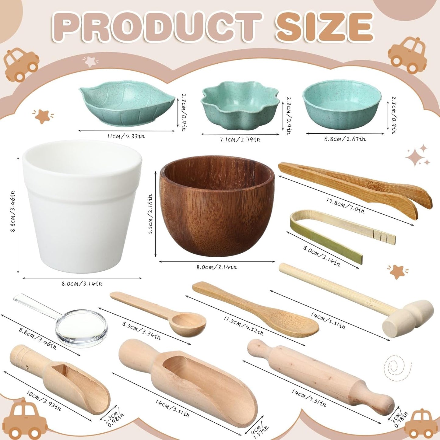 14pcs Sensory Bin Tool Sensory Tools for Boys and Girls Fine Motor Skill Toys Wooden Tong Spoons Bowls Plate Hammer Magnifying Glass and Rolling Pin for Transfer Work and Fine Motor Learning