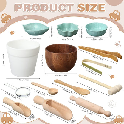 14pcs Sensory Bin Tool Sensory Tools for Boys and Girls Fine Motor Skill Toys Wooden Tong Spoons Bowls Plate Hammer Magnifying Glass and Rolling Pin for Transfer Work and Fine Motor Learning
