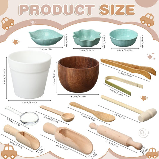 14pcs Sensory Bin Tool Sensory Tools for Boys and Girls Fine Motor Skill Toys Wooden Tong Spoons Bowls Plate Hammer Magnifying Glass and Rolling Pin for Transfer Work and Fine Motor Learning