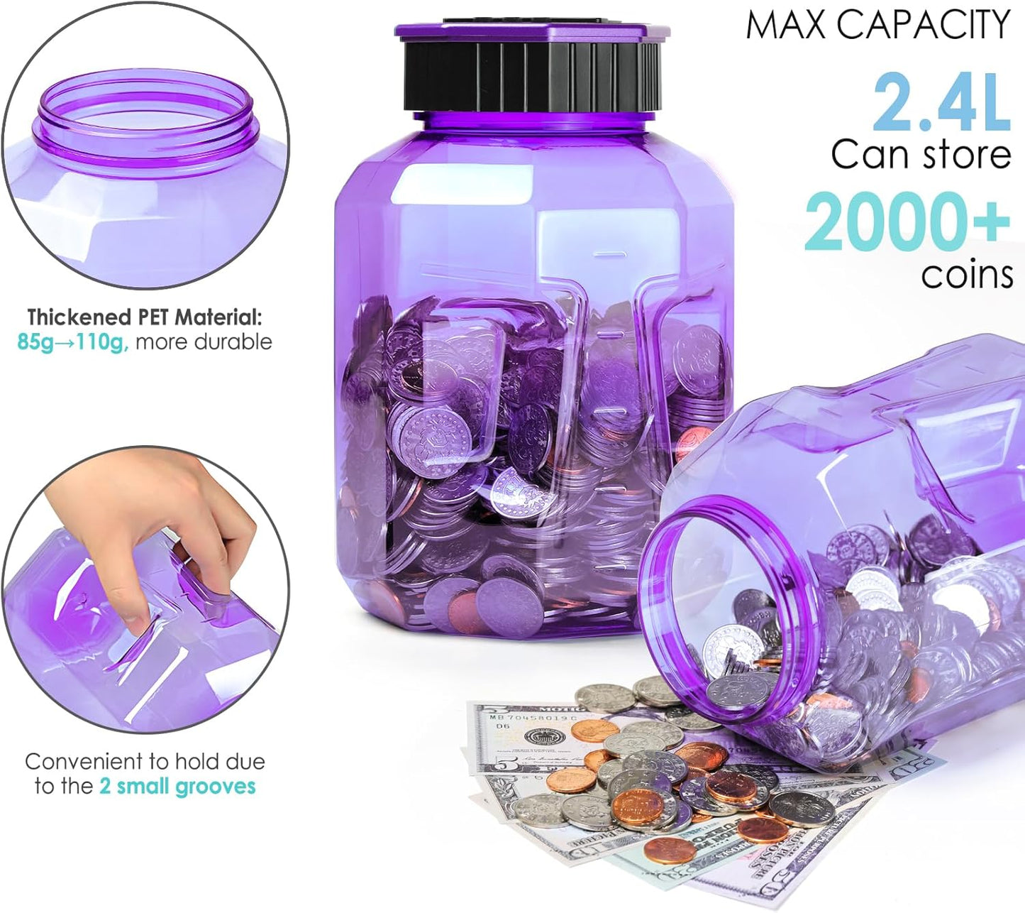 X-Large Piggy Bank for Adults Kids, Vcertcpl Digital Coin Counting Bank with LCD Counter, 2.4L Capacity, Great Coin Counter Bank Money Counting Jar with Total Amount Displayed (Purple)