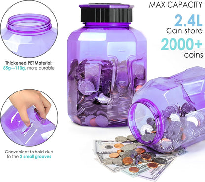 X-Large Piggy Bank for Adults Kids, Vcertcpl Digital Coin Counting Bank with LCD Counter, 2.4L Capacity, Great Coin Counter Bank Money Counting Jar with Total Amount Displayed (Purple)