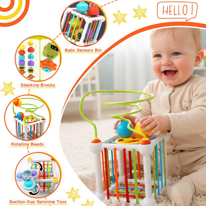 Montessori Toys for Toddlers 18 Months+, 16PCS Baby Activity Cube with Shape Sorter, 3 Suction Cup Spinner Toys, 2 Bead Mazes, Ball Rolling Track, Developmental Learning Gifts for Boys Girls