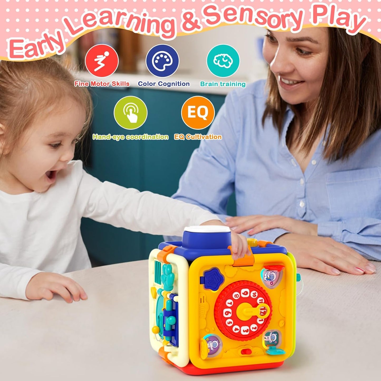 Covsen Montessori Toy for 1+ Year Old Girl Gift – 6-in-1 Busy Board for Toddlers 1 2 3 4 Year Old – Educational Sensory Early Development Toys– First 1st Birthday Gifts for Kids